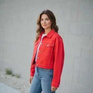 Denim&Co Vibrant Red Denim Jean Jacket in 100% Cotton Denim Short Length Size 12